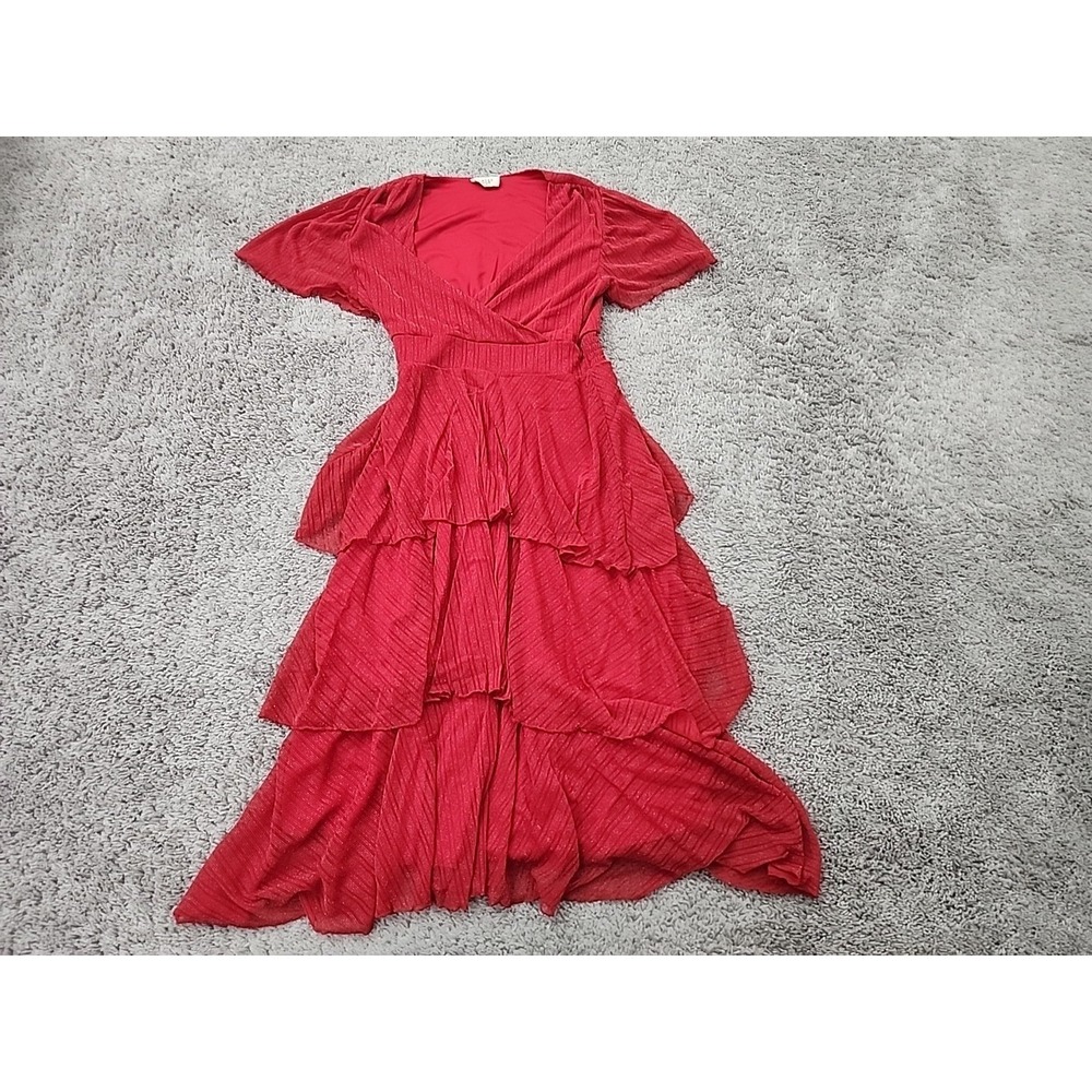 Ember Maxi Dress Womens Small Red Tiered Ruffle Metallic Ruched